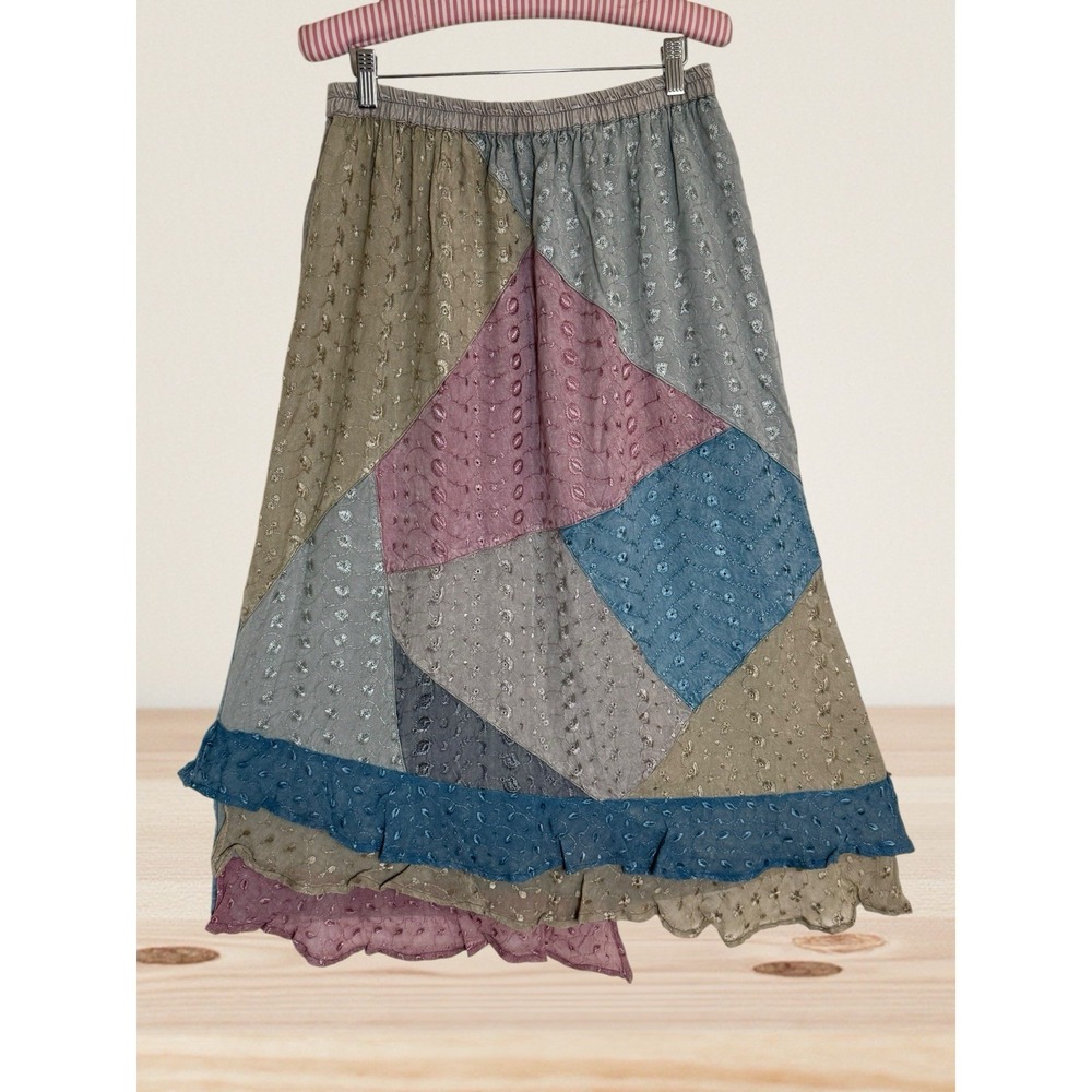 Sacred Threads Maxi Skirt Sz XL Embroidered Patchwork Ruffles Boho Gypsy Hippie